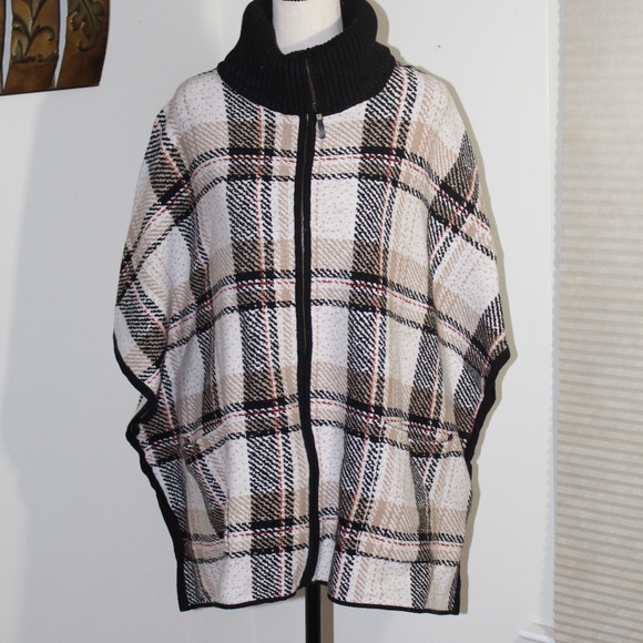 Tahari Jackets & Blazers - TAHARI, Turtleneck  Tan Red Plaid Full Zip Cape Poncho    Size SMALL/MEDIUM